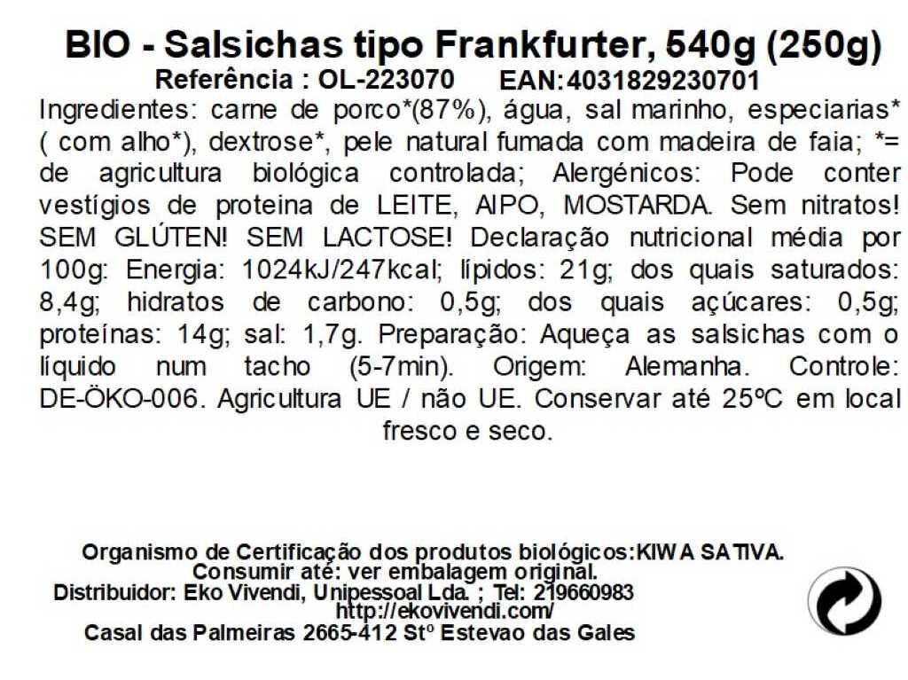 SALSICHA OKOLAND FRANKFURT BIO 540(250)G image number 1