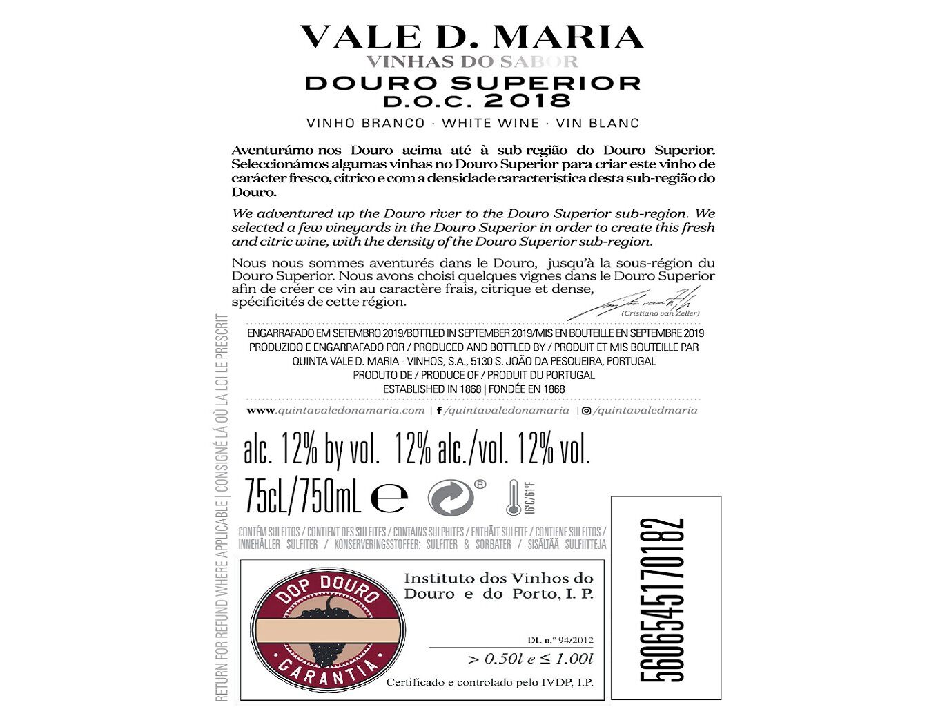 VINHO BRANCO VALE DONA MARIA VINHAS DO SABOR 0.75L image number 1