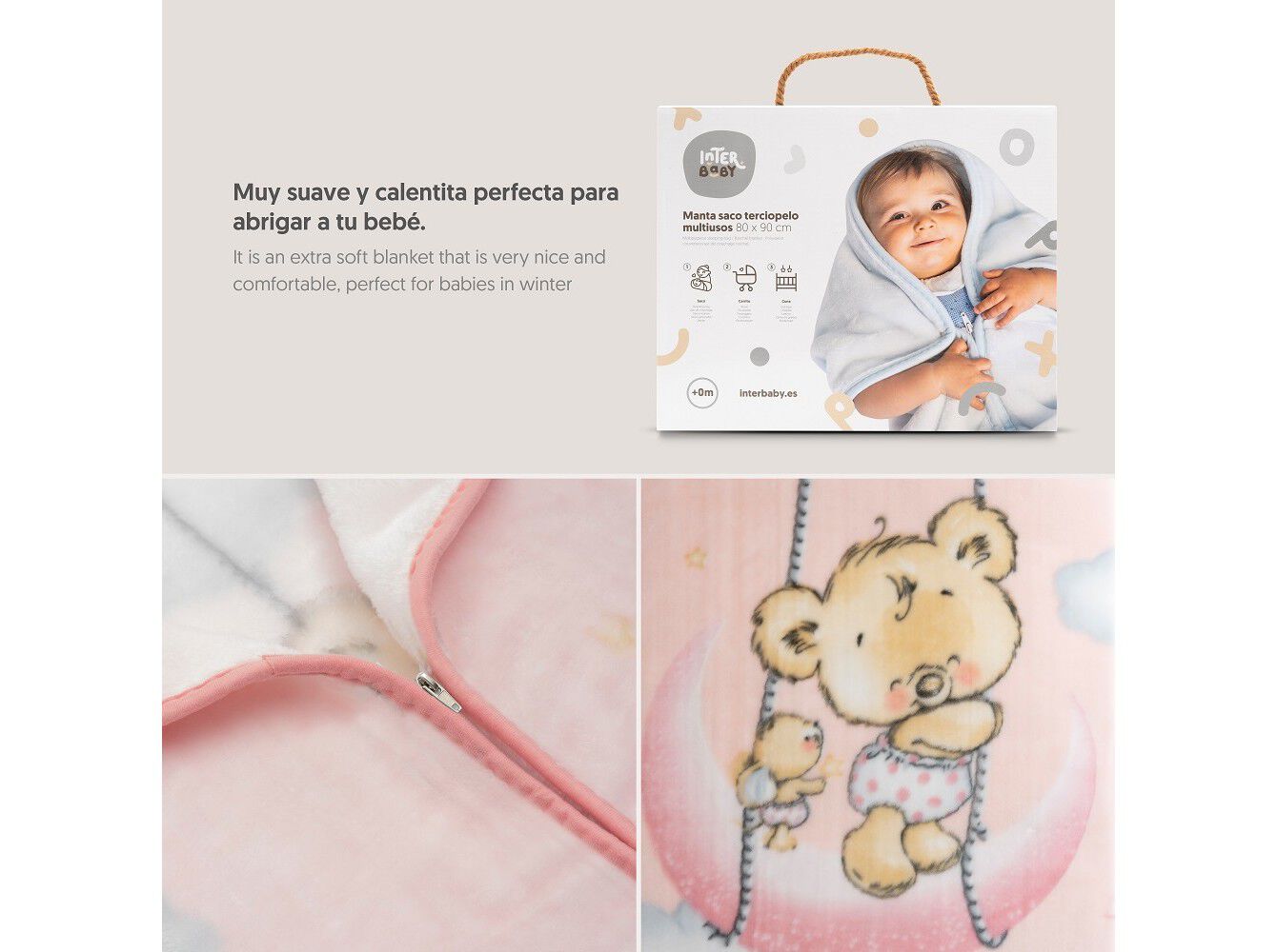 MANTA SACO INTERBABY TERCIOPELO ROSA 80X90CM image number 2