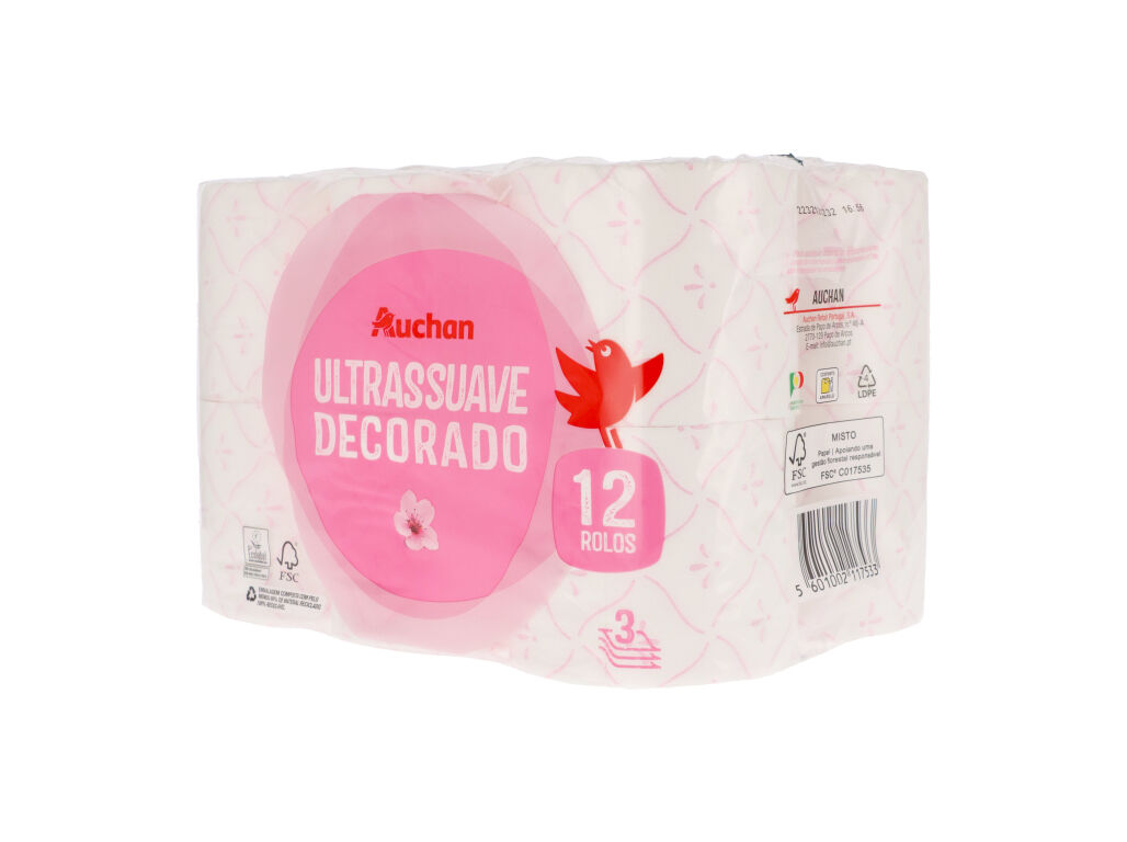 PAPEL HIGI&Eacute;NICO AUCHAN ULTRASSUAVE DECORADO 3 FOLHAS 12 ROLOS image number 1