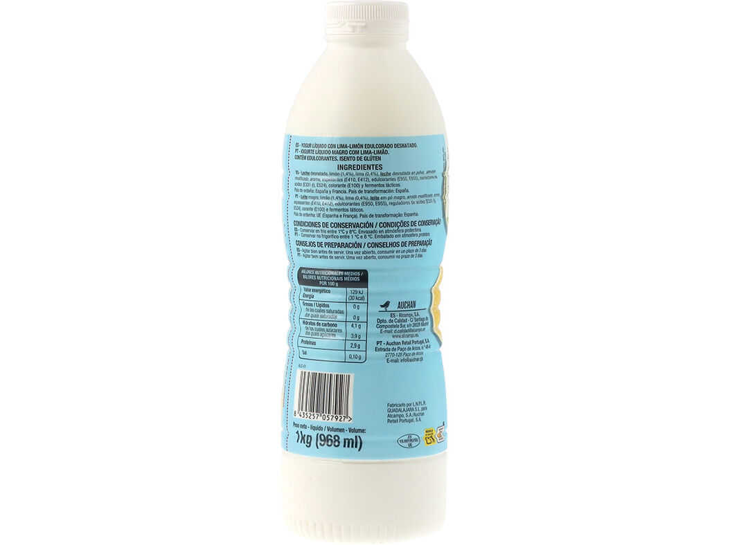 IOGURTE AUCHAN L&Iacute;QUIDO MAGRO LIMA LIM&Atilde;O SEM GL&Uacute;TEN 1KG image number 1