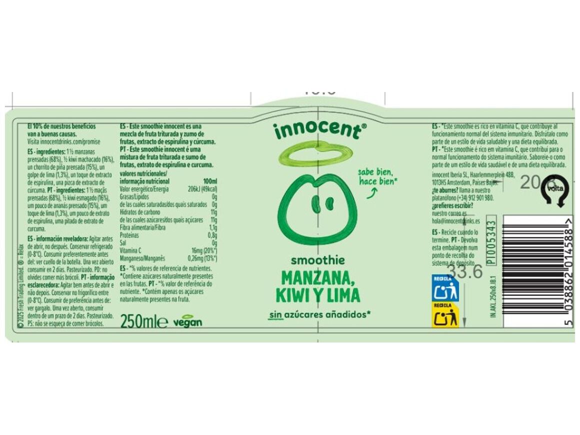 SMOOTHIE INNOCENT MA&Ccedil;&Atilde; KIWI E LIMA 250ML (SDR) image number 1