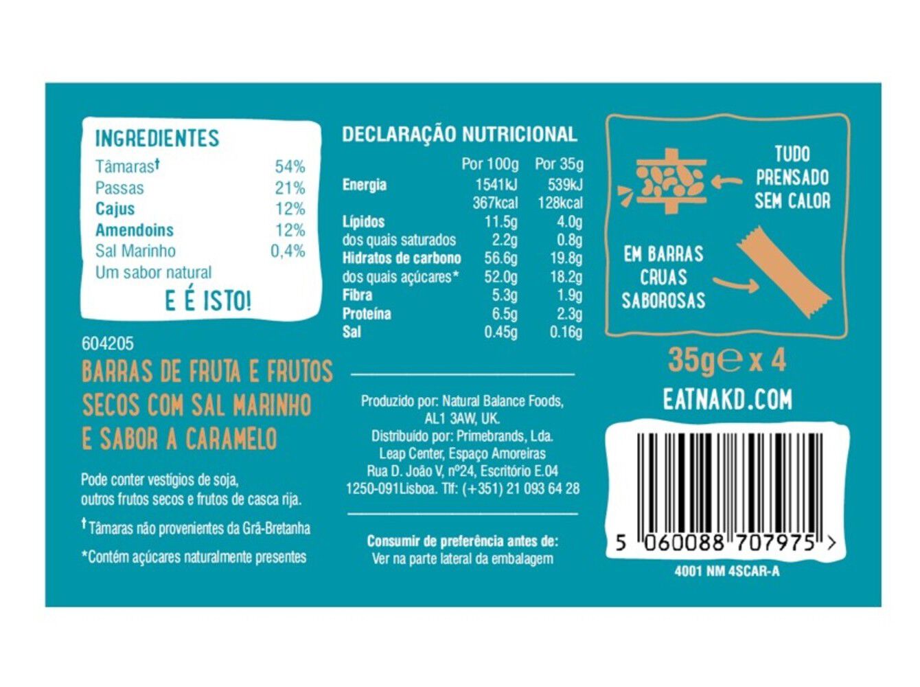 BARRAS NAKD CRUAS FRUTA E CARAMELO SALGADO 4X35G image number 1