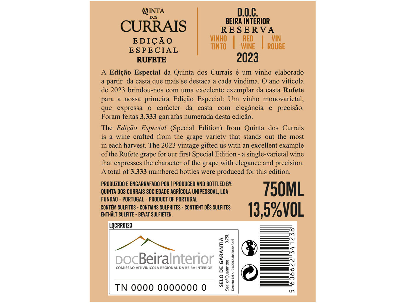 VINHO TINTO QT&ordf; DOS CURRAIS RUFETE EDI&Ccedil;&Atilde;O ESPECIAL BEIRA INTERIOR 0.75L image number 1