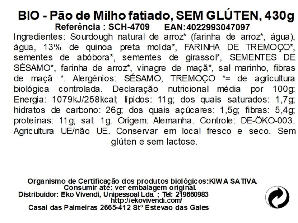P&Atilde;O MILHO FATIA SCHNITZER BIO SEM GL&Uacute;TEN 430G image number 1