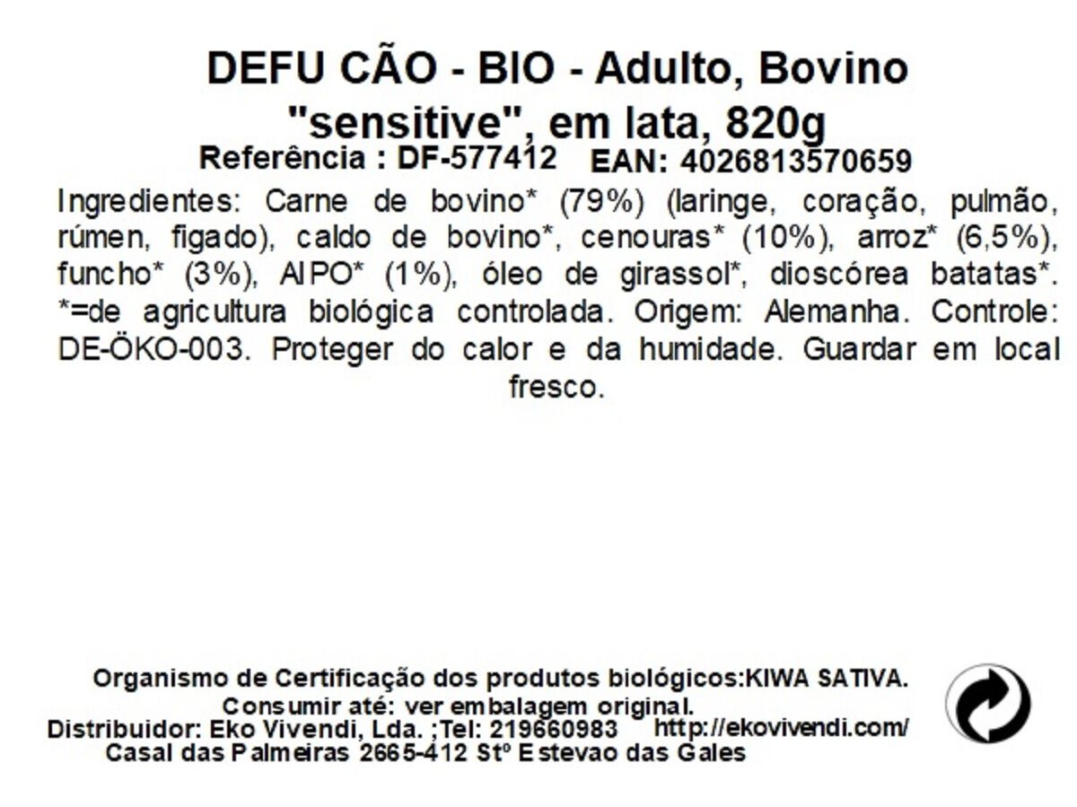 COMIDA H&Uacute;MIDA BIO C&Atilde;O DEFU SENSITIVE BOVINO 820G image number 1