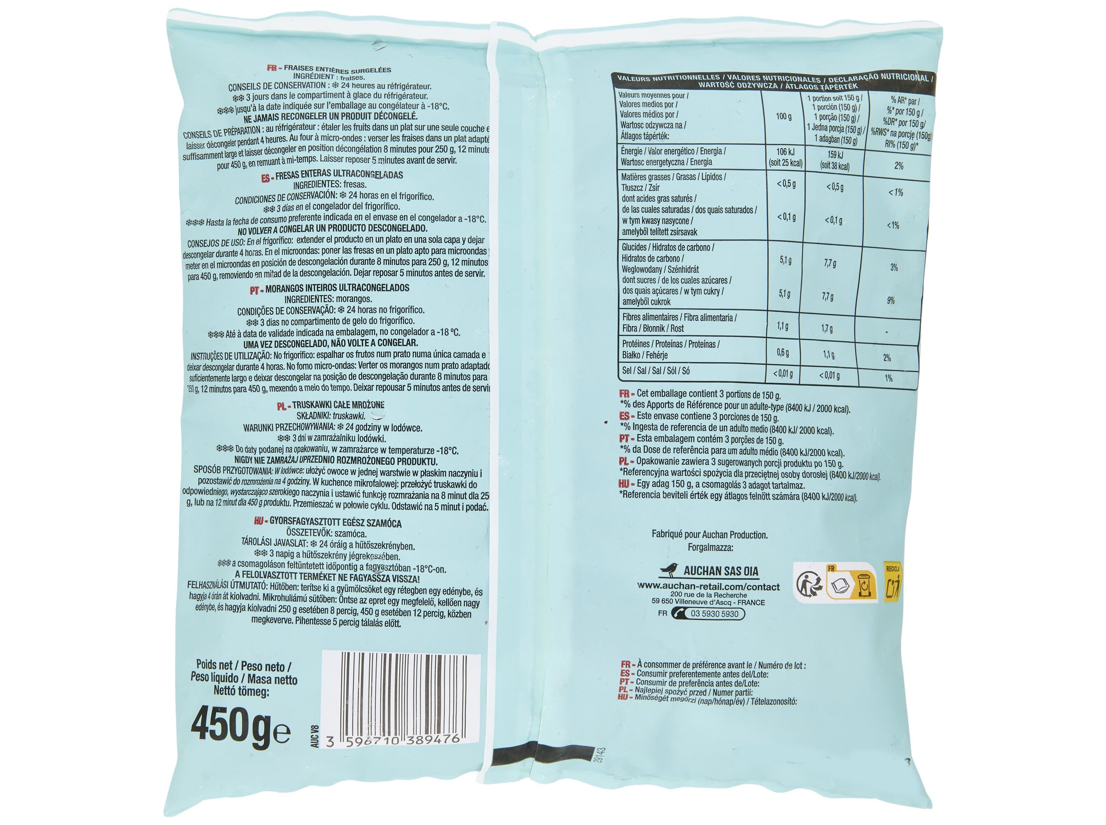 MORANGOS AUCHAN INTEIROS ULTRACONGELADOS 450G image number 1