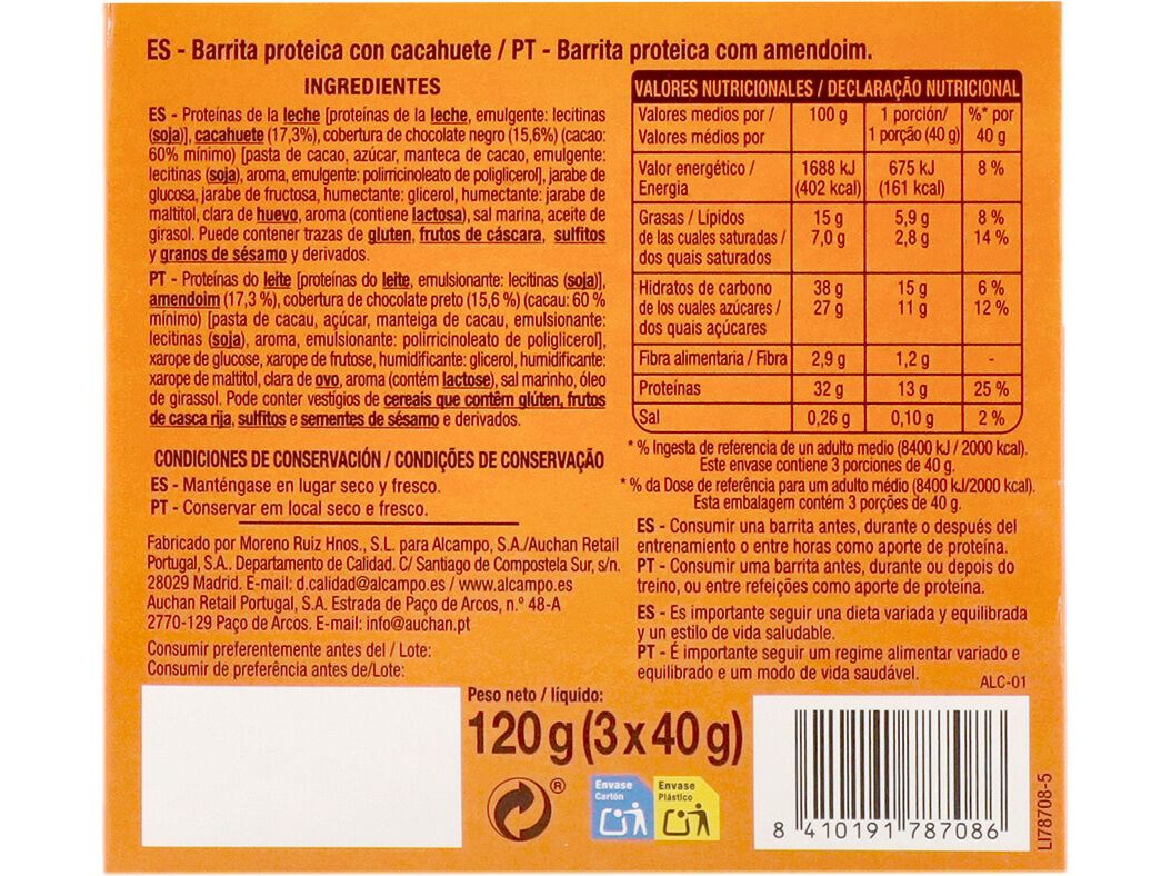 BARRITA PROTEICA AUCHAN COM AMENDOIM 3UN 120G image number 2
