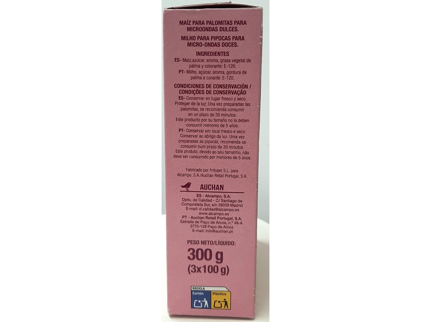 PIPOCAS MICRO-ONDAS AUCHAN DOCES 300 G (3X100G) image number 1