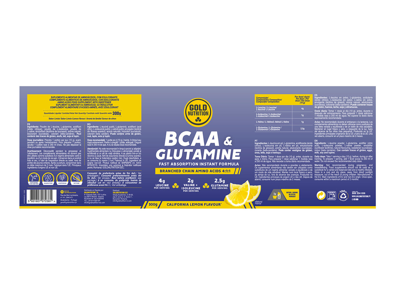 SUPLEMENTO GOLDNUTRITION BCAA'S LIM&Atilde;O-LIMA 300G image number 1