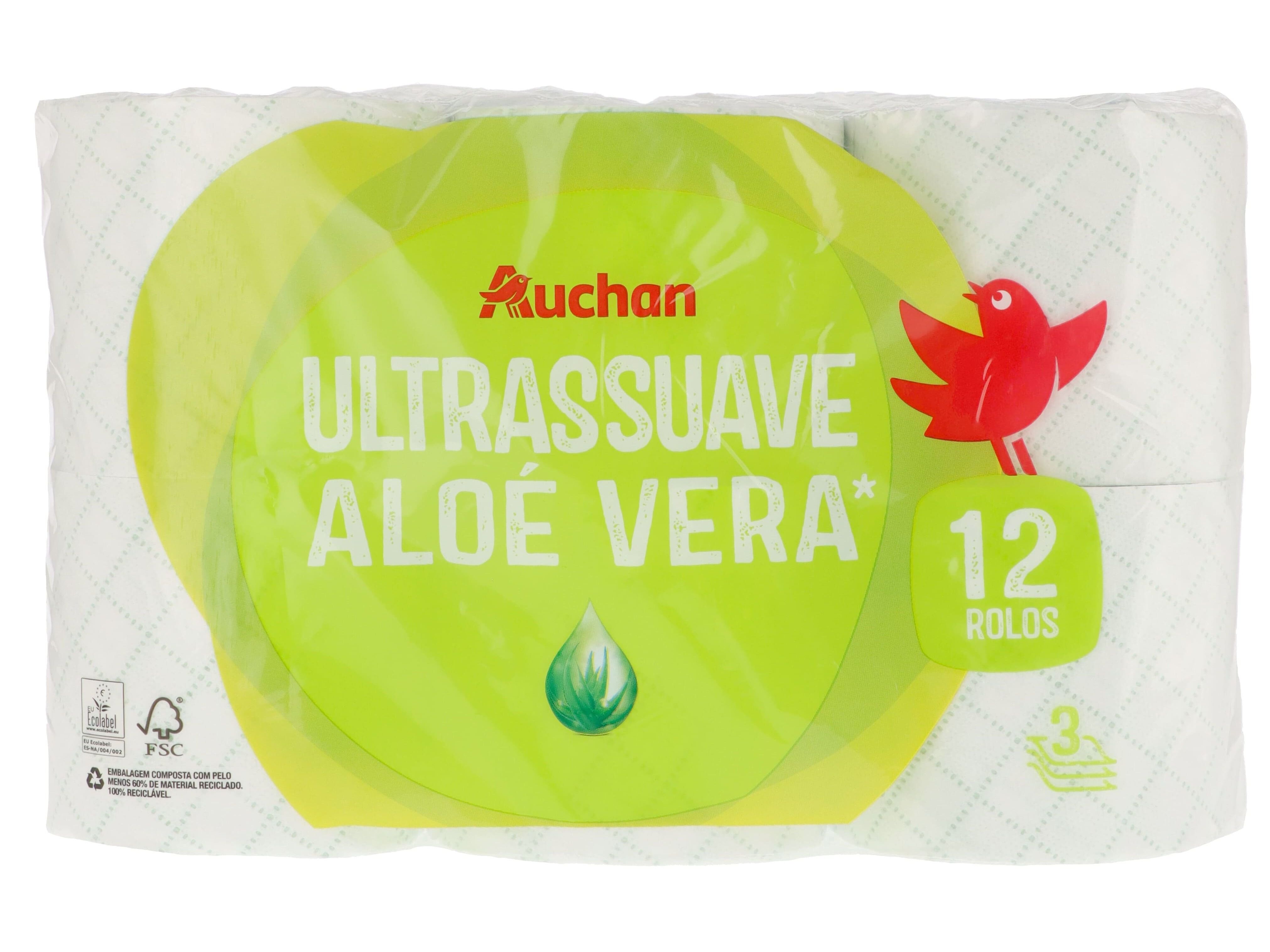 PAPEL HIGI&Eacute;NICO AUCHAN ULTRASSUAVE ALO&Eacute; VERA 3 FOLHAS 12 ROLOS