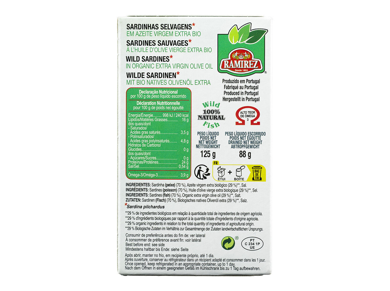 SARDINHAS RAMIREZ CONSERVA EM AZEITE BIO 125G image number 1