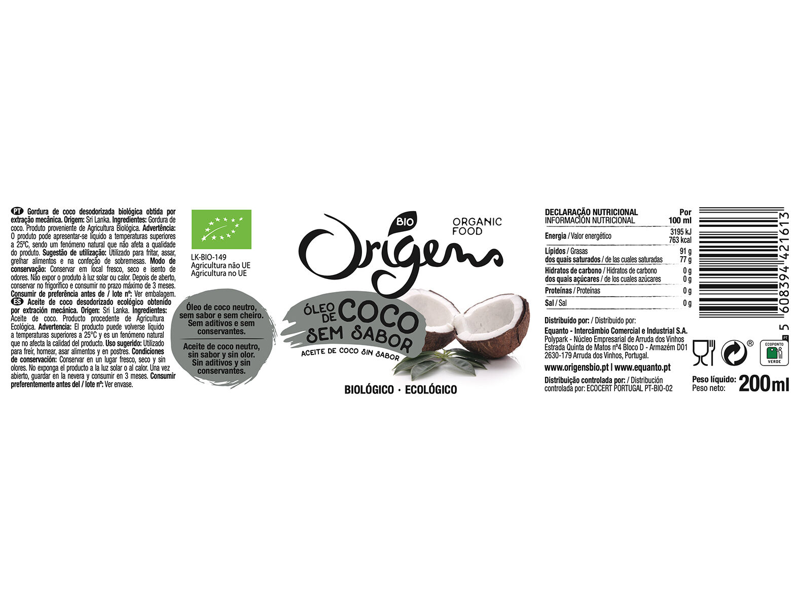 &Oacute;LEO DE COCO ORIGENS BIO SEM SABOR 200 GR image number 1