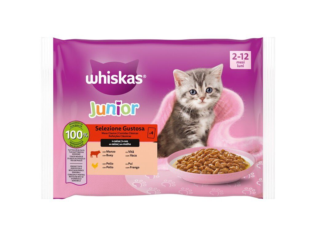 COMIDA H&Uacute;MIDA PARA GATO WHISKAS J&Uacute;NIOR CARNE 4X85G image number 0