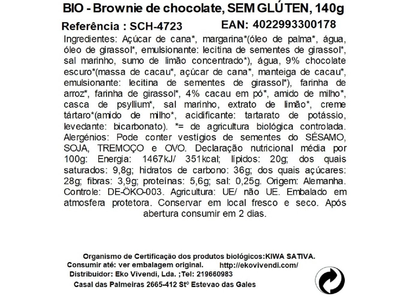 BROWNIE CHOCOLATE SCHNITZER SEM GL&Uacute;TEN BIO 140 G image number 1