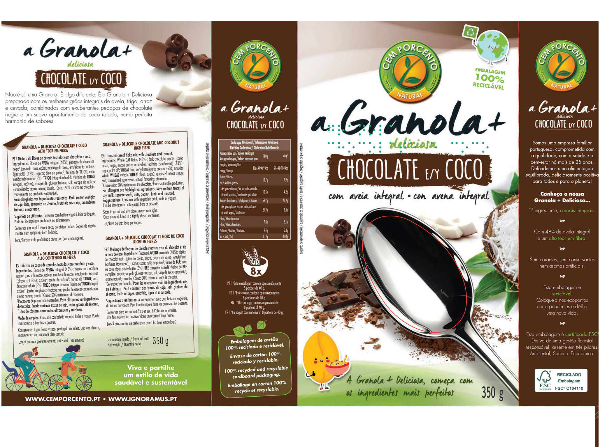 GRANOLA CEM PORCENTO CHOCOLATE E COCO 350G image number 1