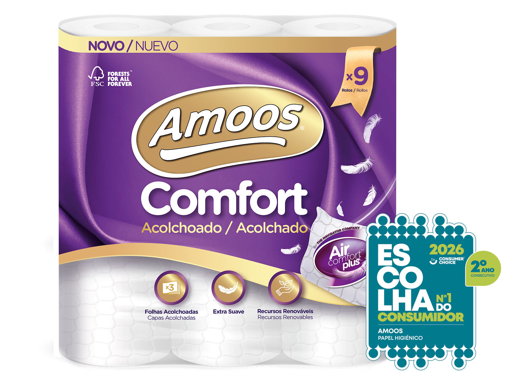 PAPEL HIGI&Eacute;NICO AMOOS ACOLCHOADO 3FOLHAS 9ROLOS image number 2