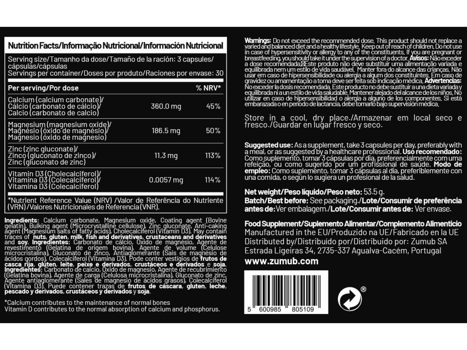 SUPLEMENTOS RECUPERA&Ccedil;&Atilde;O ZUMUB C&Aacute;LCIO + MAGN&Eacute;SIO 90CAPS image number 1