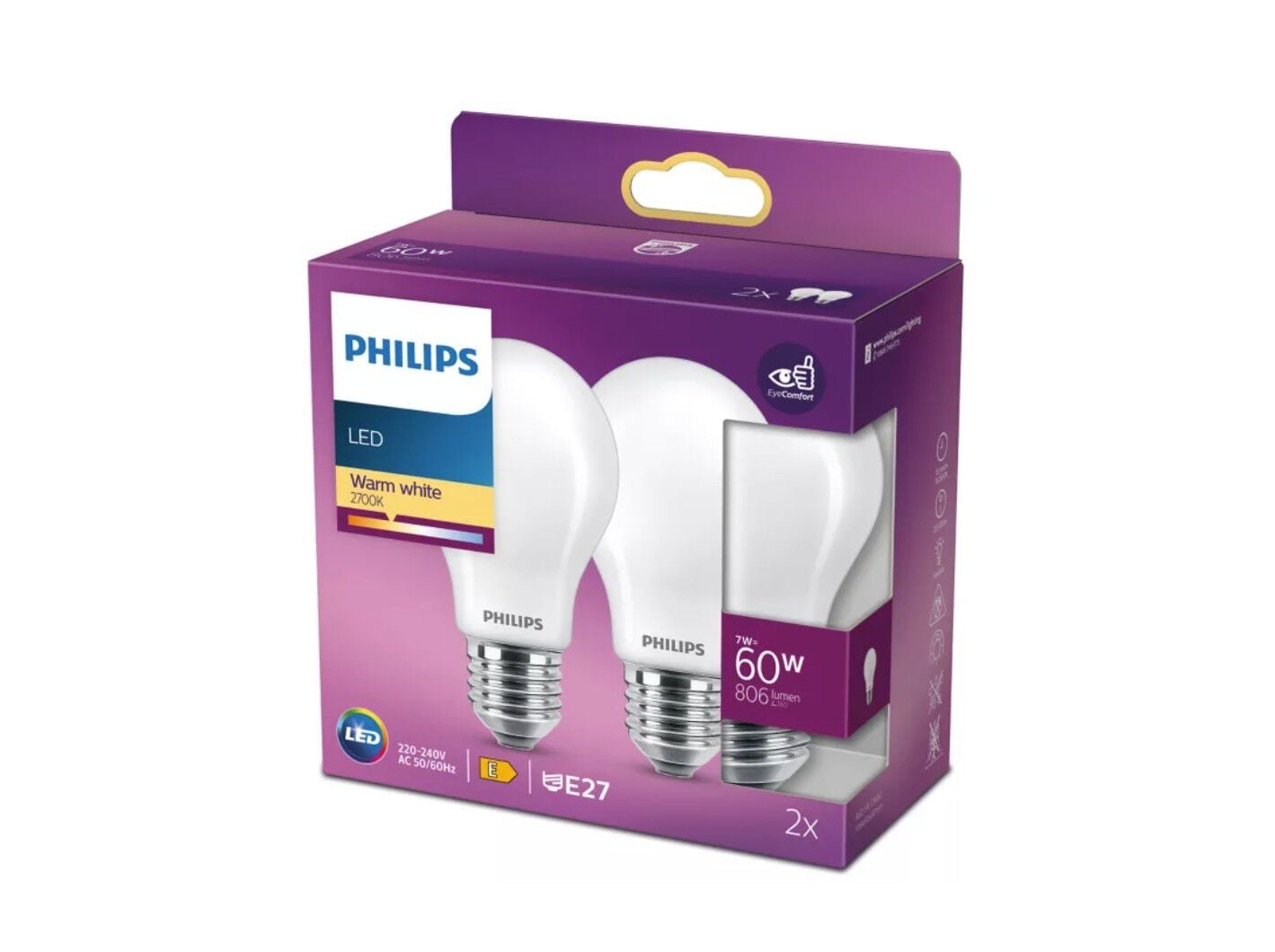 L&Acirc;MPADA LED PHILIPS E27 60W PACK 2 UNIDADES LUZ BRANCA QUENTE image number 1