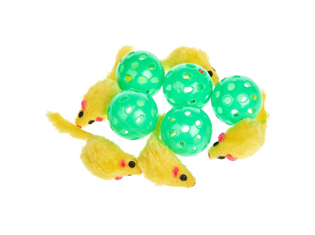 CONJUNTO DE 10 BRINQUEDOS AUCHAN AMARELO 5 RATINHOS+5 BOLAS image number 0