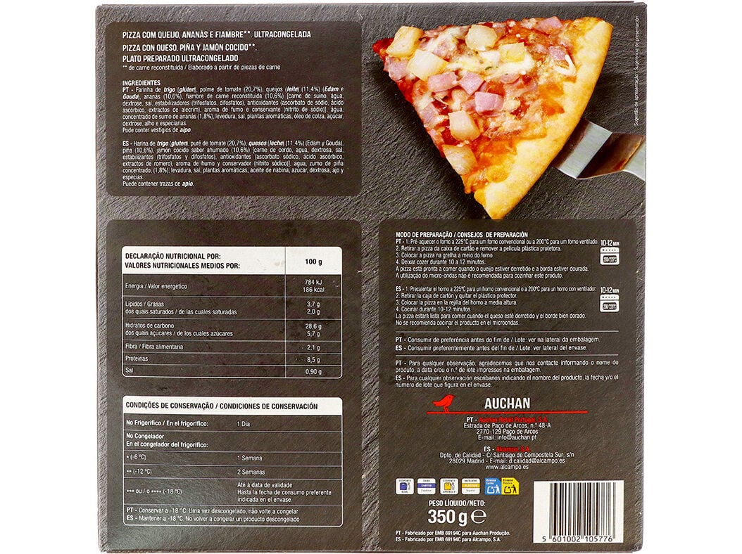 PIZZA AUCHAN COZIDA NA PEDRA HAWAI 350G image number 1