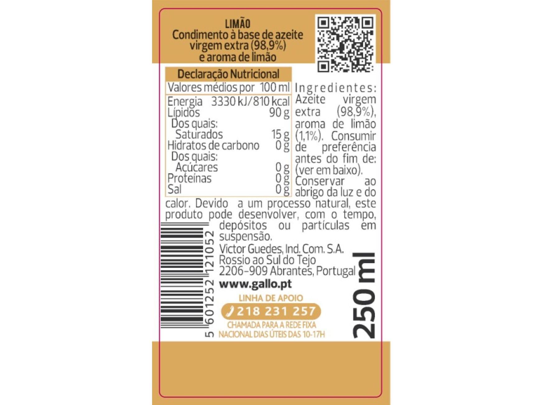 CONDIMENTO AZEITE GALLO VIRGEM EXTRA LIM&Atilde;O 250ML image number 1