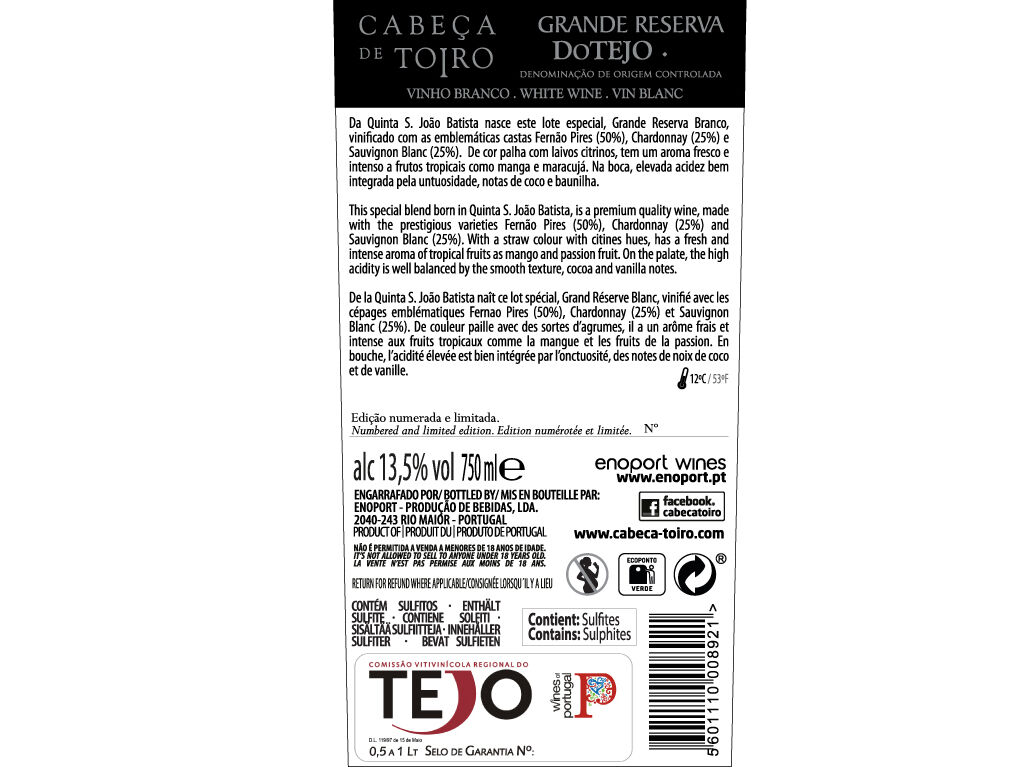 VINHO BRANCO CABE&Ccedil;A DE TOIRO TEJO GRANDE RESERVA 0.75L image number 2
