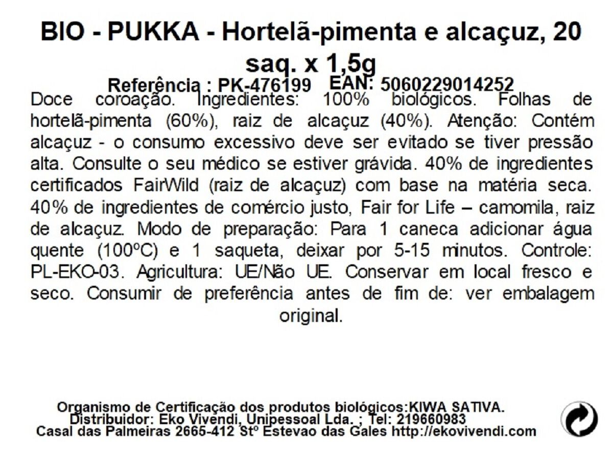 CH&Aacute; BIO PUKKA HORTEL&Atilde; PIMENTA ALCA&Ccedil;UZ 20 SAQUETAS image number 1
