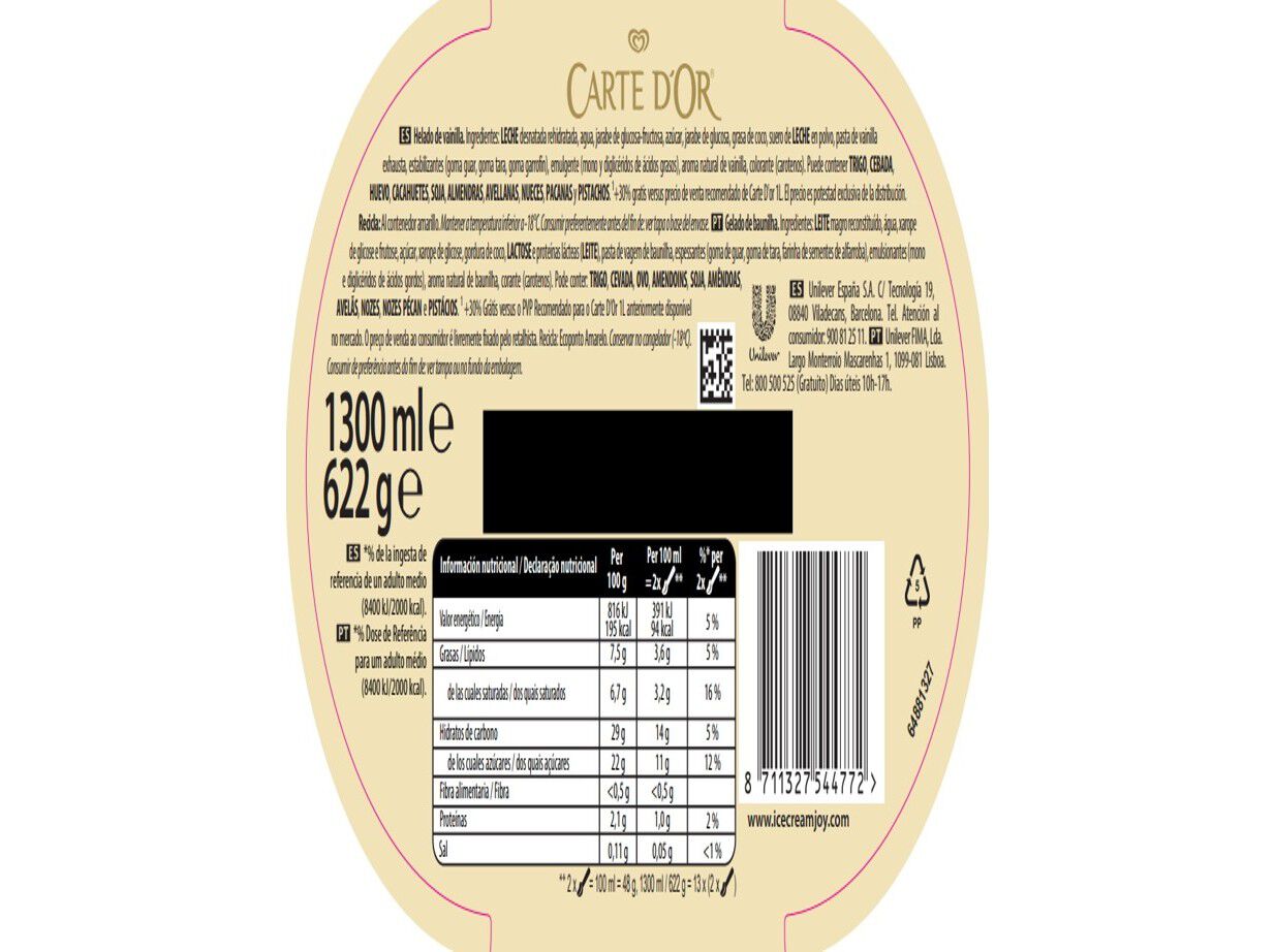 GELADO CARTE D'OR BAUNILHA 1.3L image number 1