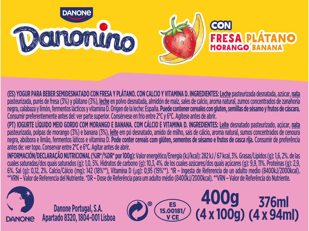 IOGURTE INFANTIL DANONINO P/BEBER MORANGO BANANA 4X100G image number 1
