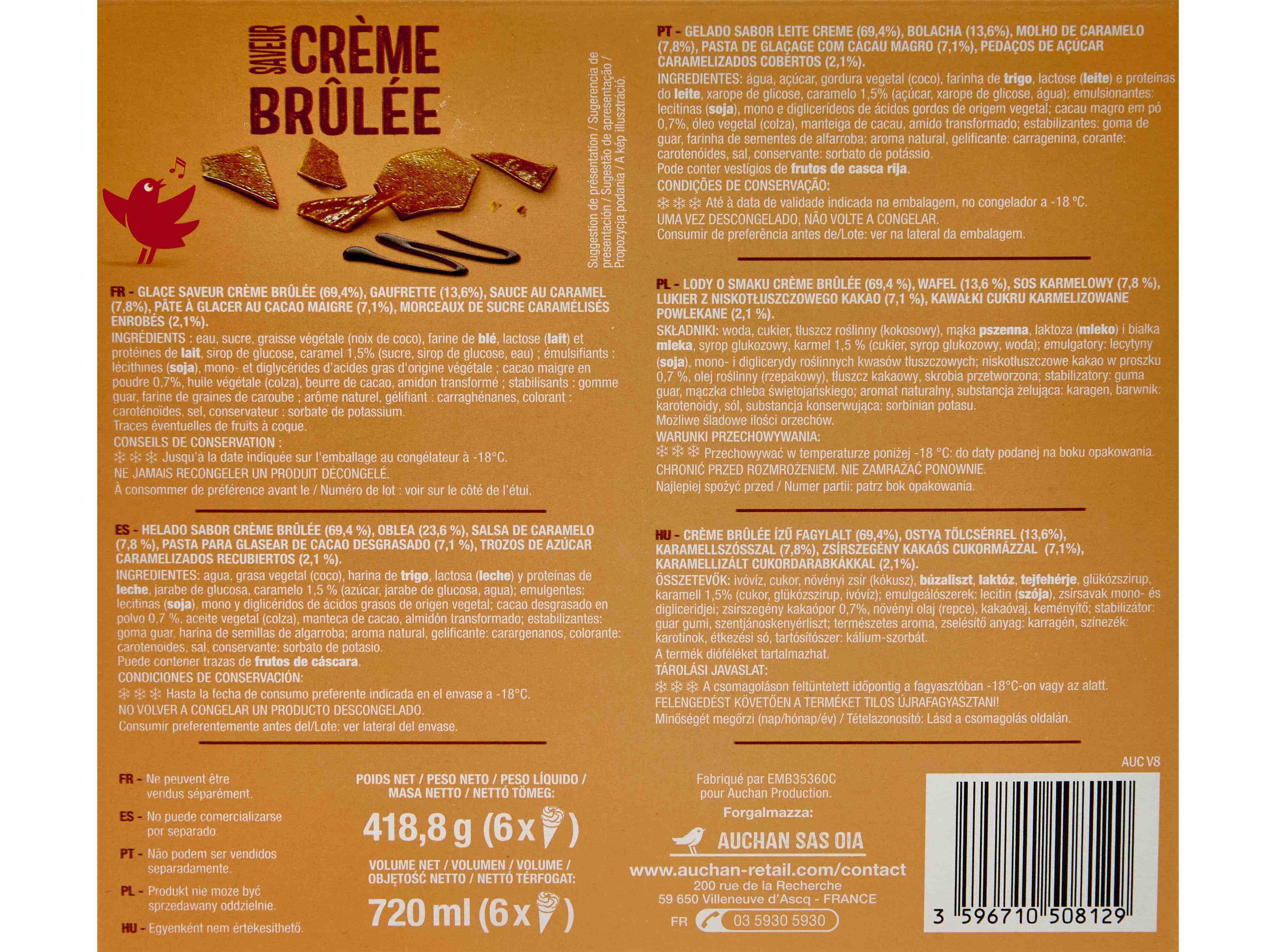 GELADO CONE AUCHAN CR&Egrave;ME BR&Ucirc;L&Eacute;E 6X120ML image number 2