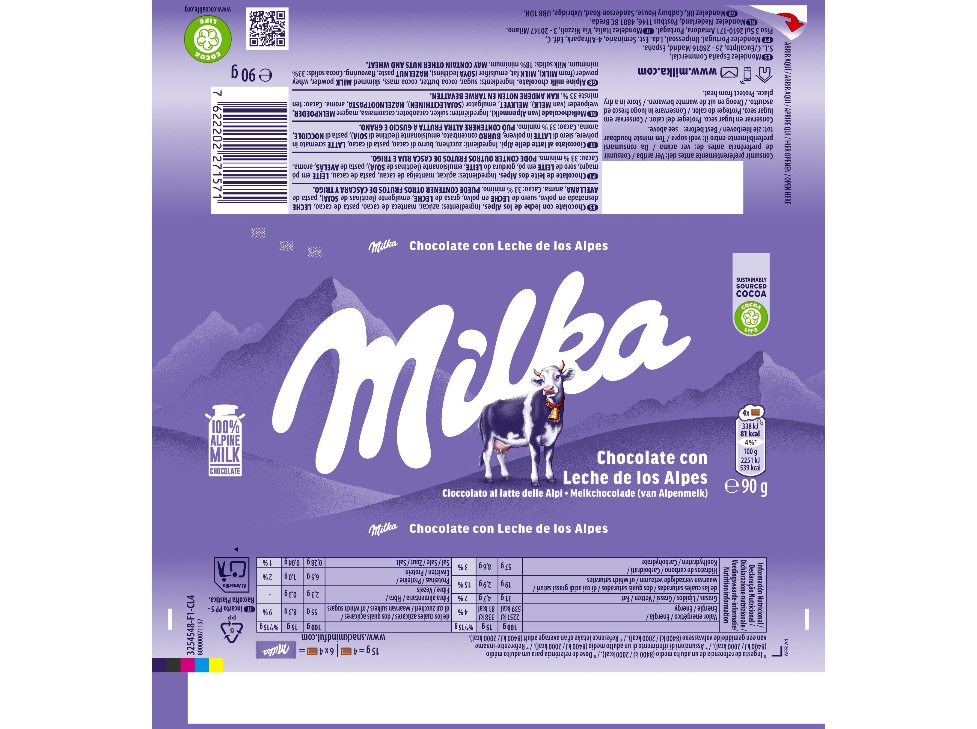 CHOCOLATE MILKA LEITE 90 G