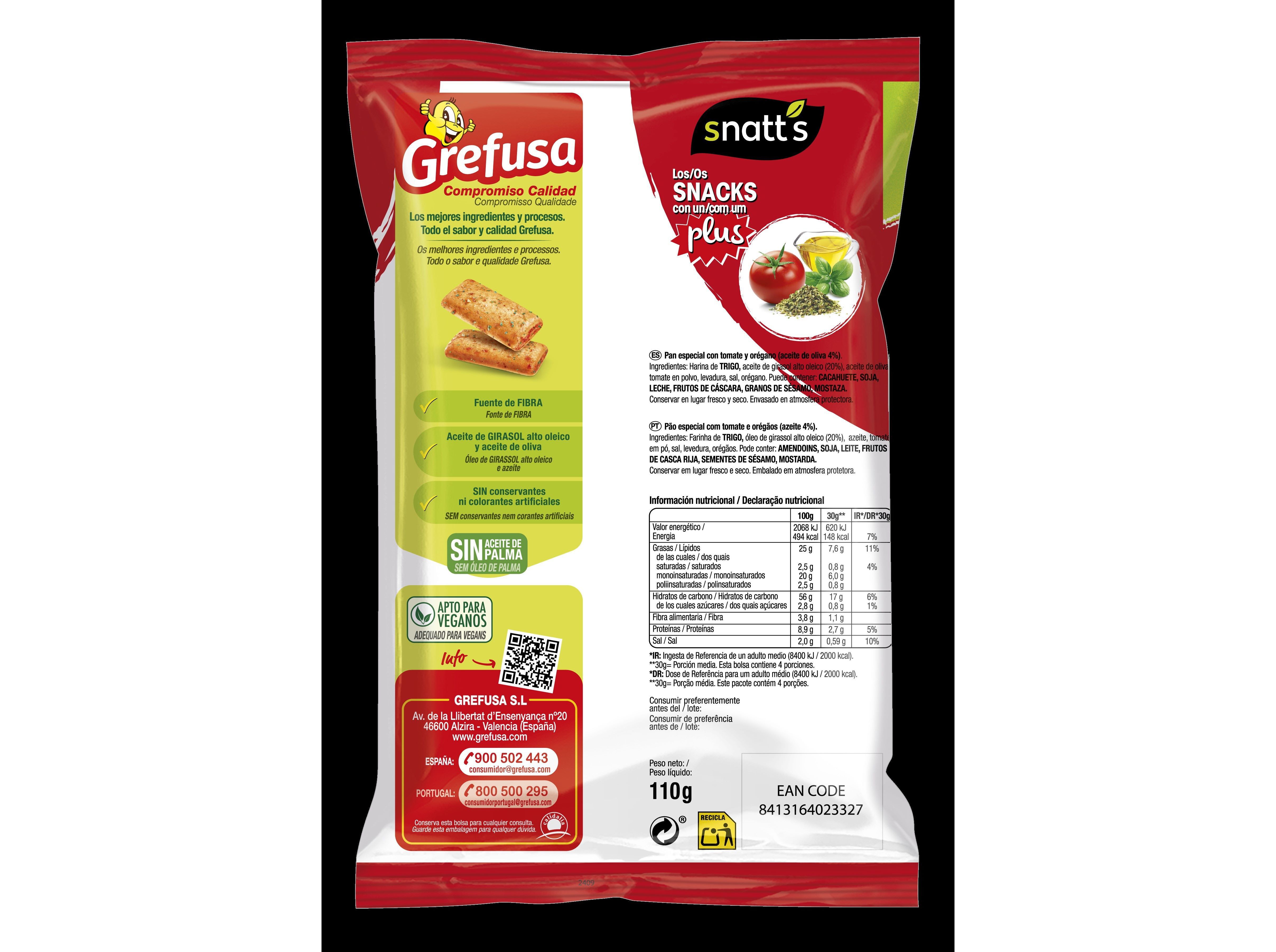 P&Atilde;O TORRADO GREFUSA TOMATE & OREG&Atilde;OS 110 G image number 1