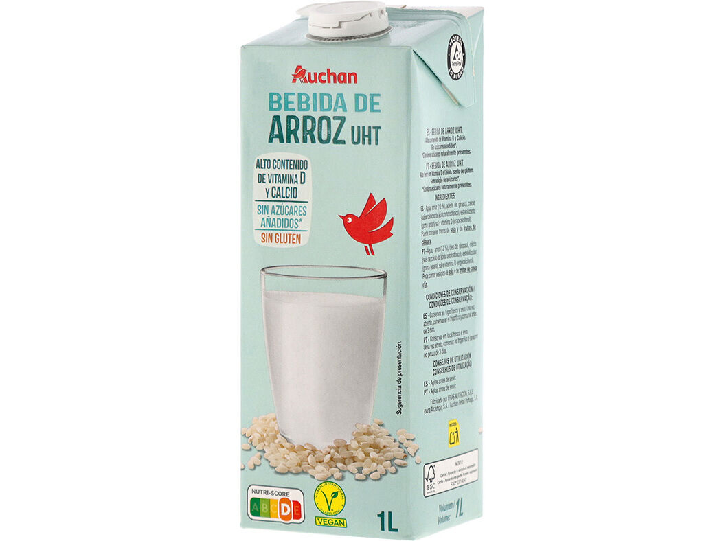 BEBIDA ARROZ UHT AUCHAN SEM GL&Uacute;TEN E SEM ADI&Ccedil;&Atilde;O DE A&Ccedil;&Uacute;CAR 1L image number 1