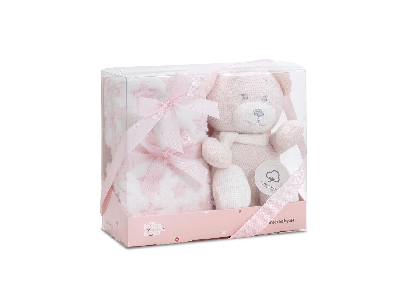 CONJUNTO DE MANTA + PELUCHE INTERBABY ALGOD&Atilde;O URSO ROSA