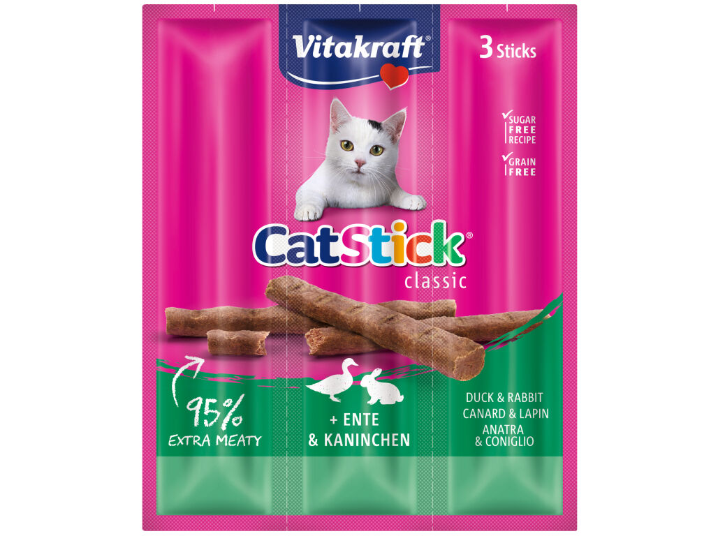 SNACKS PARA GATO MINI VITAKRAFT STICK COM PATO E COELHO PACK 3 UNIDADES