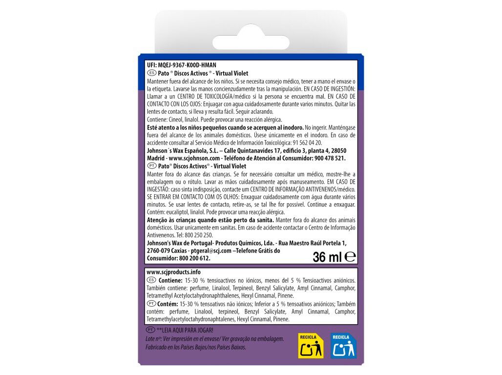 BLOCO SANIT&Aacute;RIO DISCOS PATO APARELHO VIRTUAL VIOLET 36ML image number 1