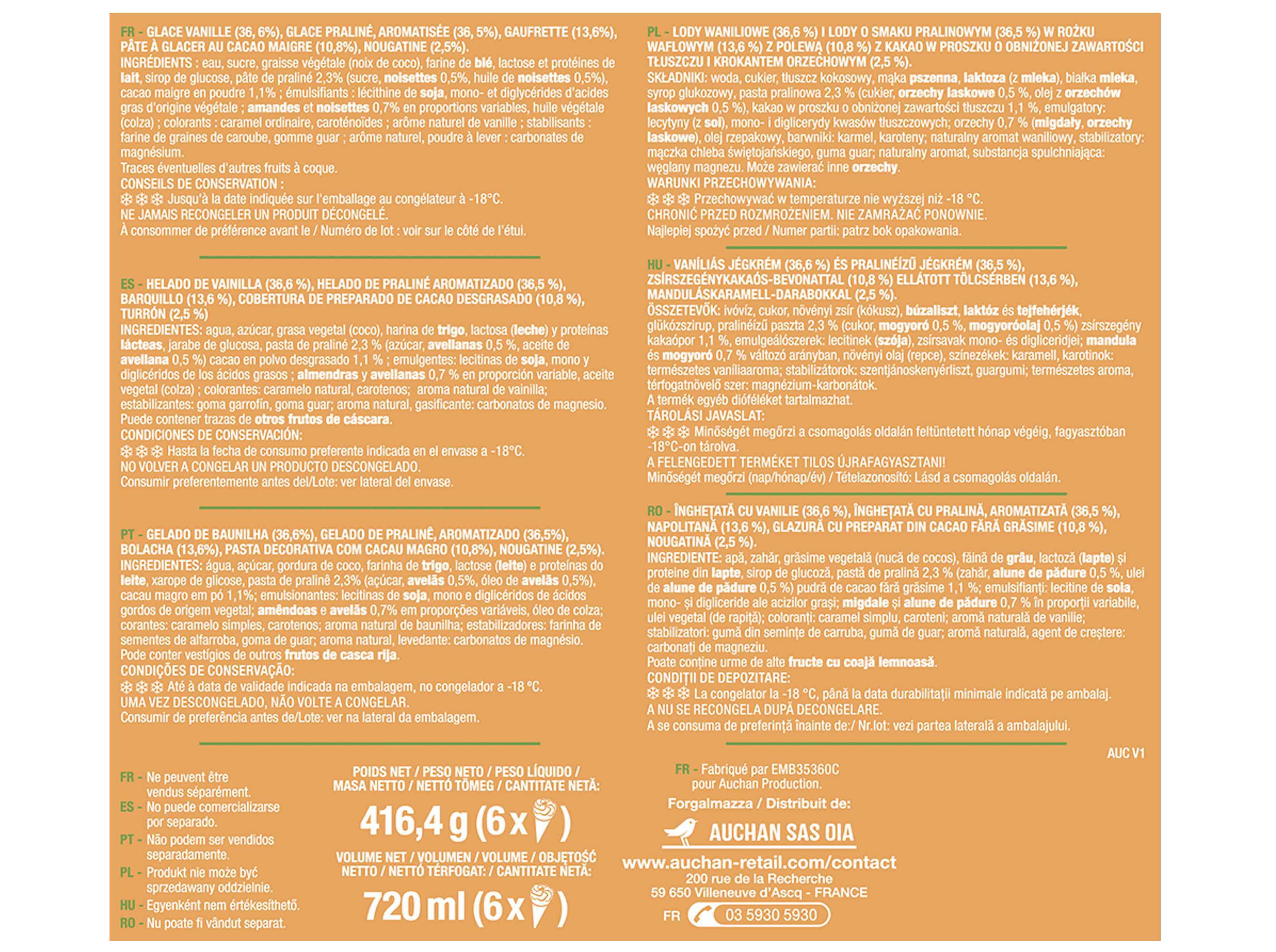 GELADO CONE AUCHAN BAUNILHA PRALIN&Eacute; 6X120ML image number 2
