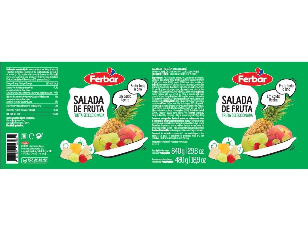SALADAS DE FRUTAS FERBAR EM CALDA 840G image number 1