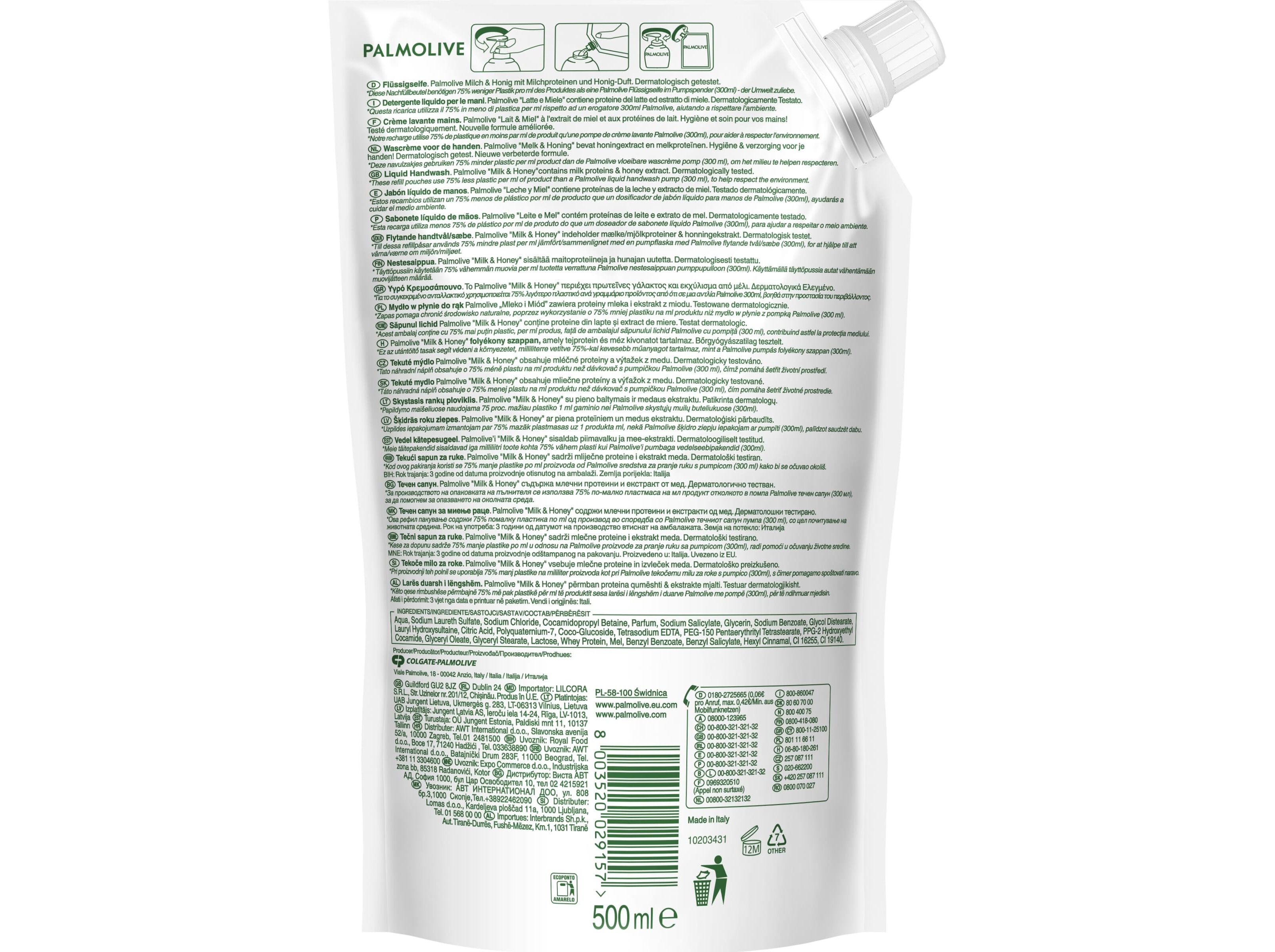 SABONETE L&Iacute;QUIDO PALMOLIVE RECARGA LEITE E MEL 500ML image number 1