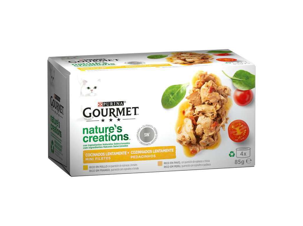 COMIDA H&Uacute;MIDA PARA GATO GOURMET NATURES CREATIONS COM FRANGO E PER&Uacute; 4X85G