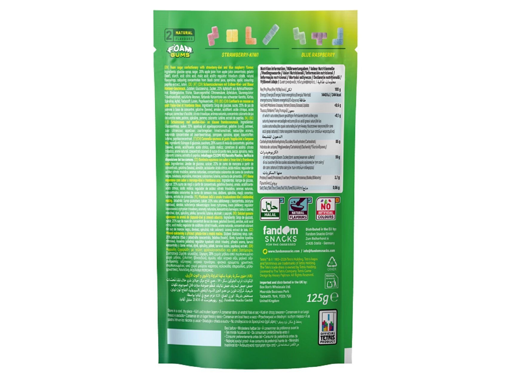 GOMAS TETRIS SOUR GUMMIES STRAWBERRY-KIWI & BLUE RASPBERRY 125G image number 1