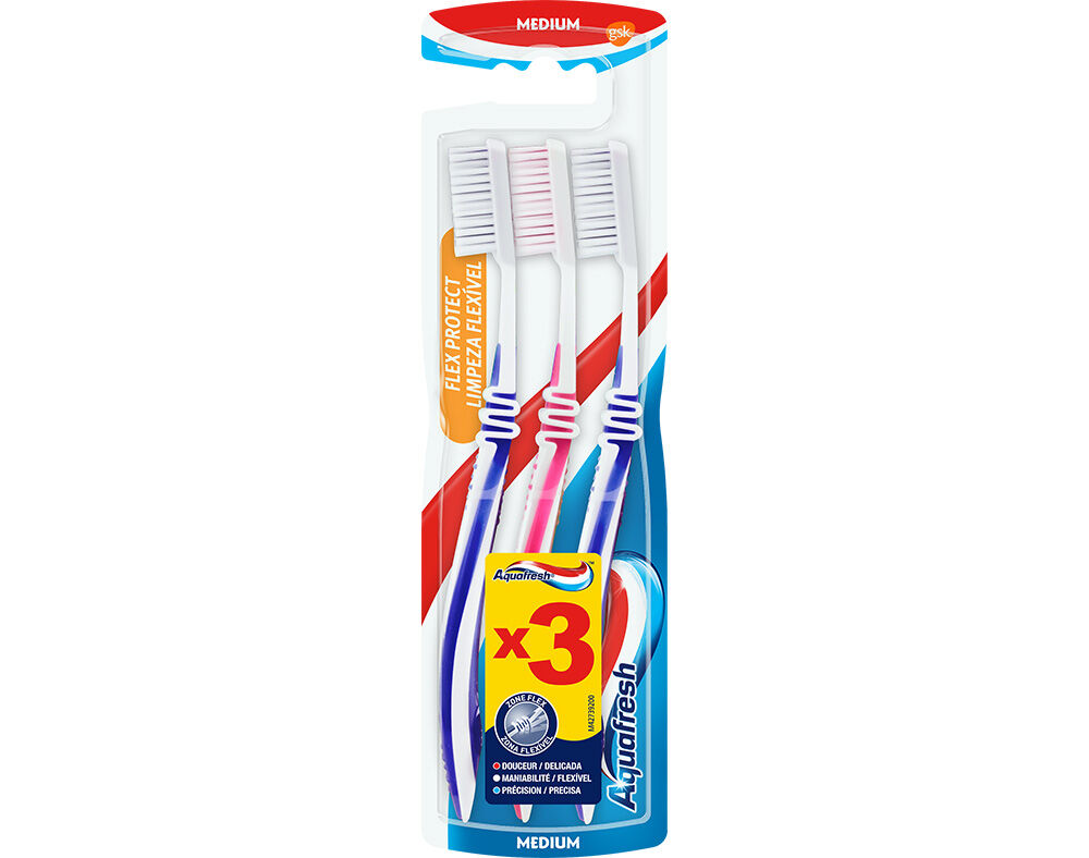 Escova de Dentes Limpeza Flex&iacute;vel M&eacute;dia Aquafresh 2+1 Gr&aacute;tis