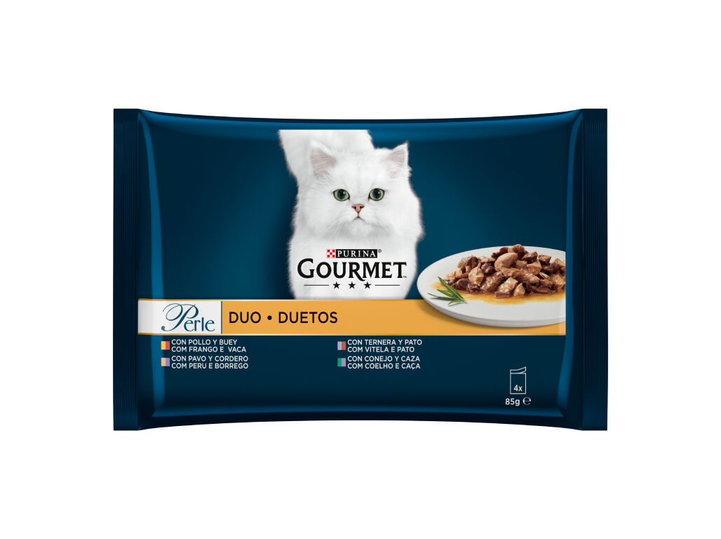 COMIDA H&Uacute;MIDA PARA GATO GOURMET PERLE DUET COM CARNE 4X85G
