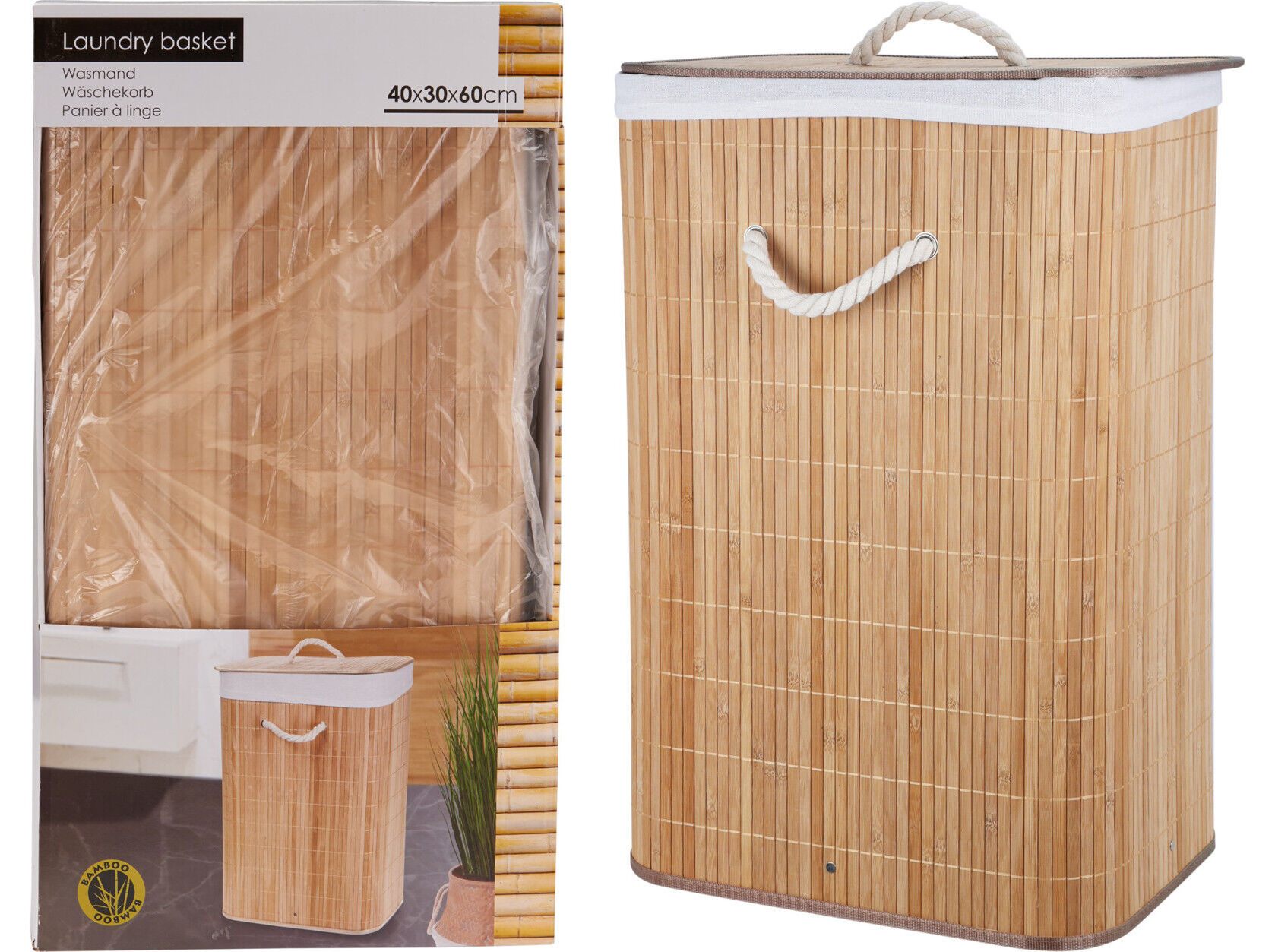 CESTO PARA ROUPA SUJA BAMBU 40X30X60CM