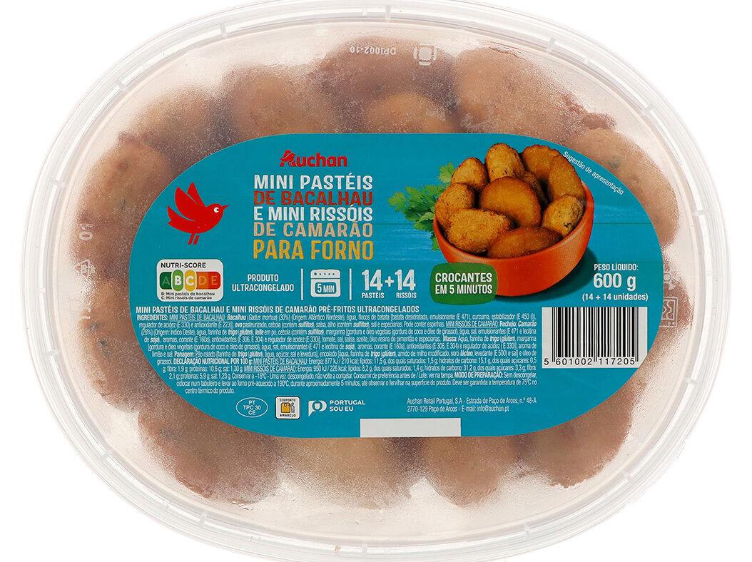 MINI PAST&Eacute;IS DE BACALHAU E RISS&Oacute;IS DE CAMAR&Atilde;O AUCHAN PARA FORNO 28UN 600G