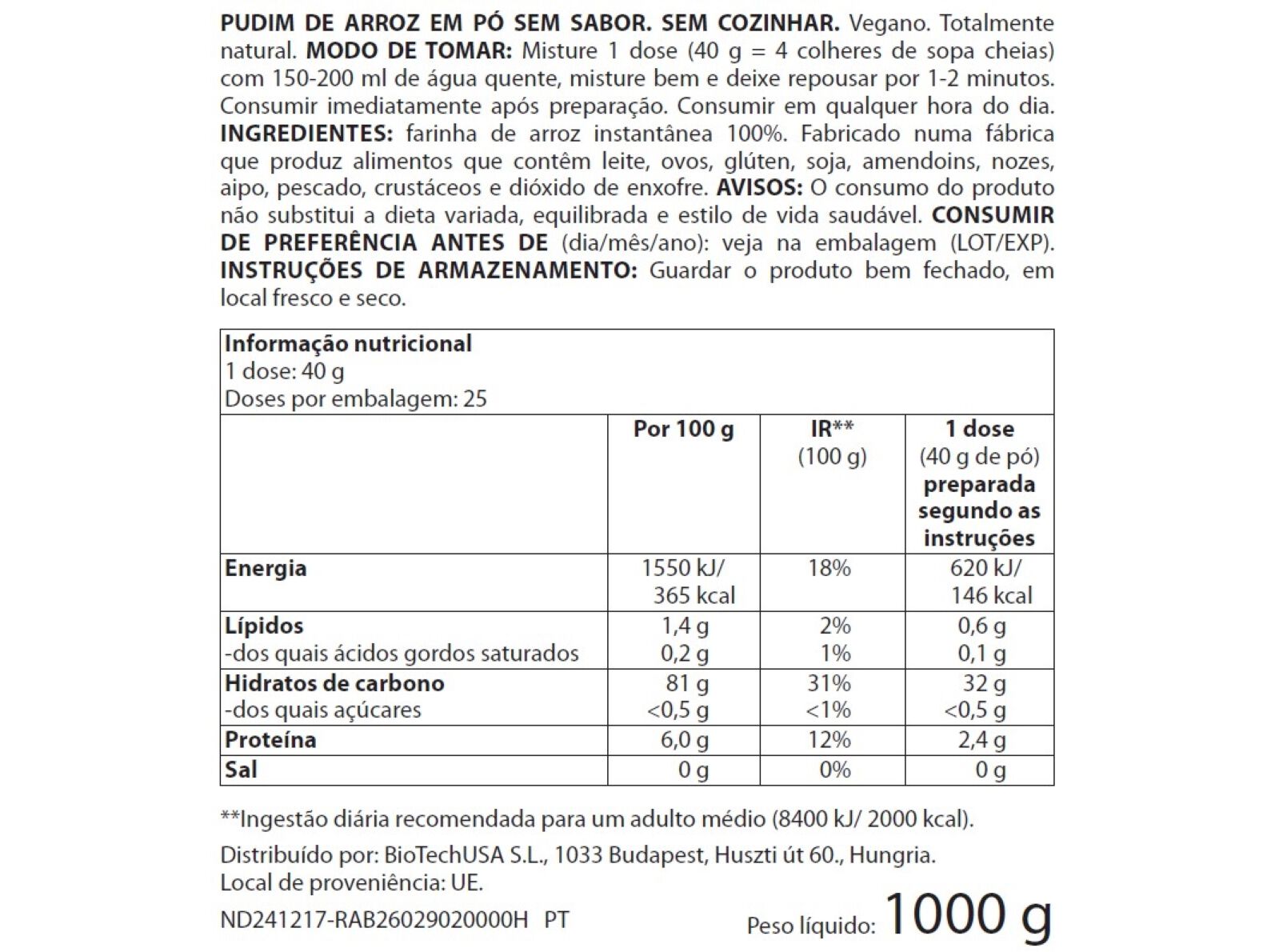 PREP. PUDIM ARROZ BIOTECH USA 1KG image number 1