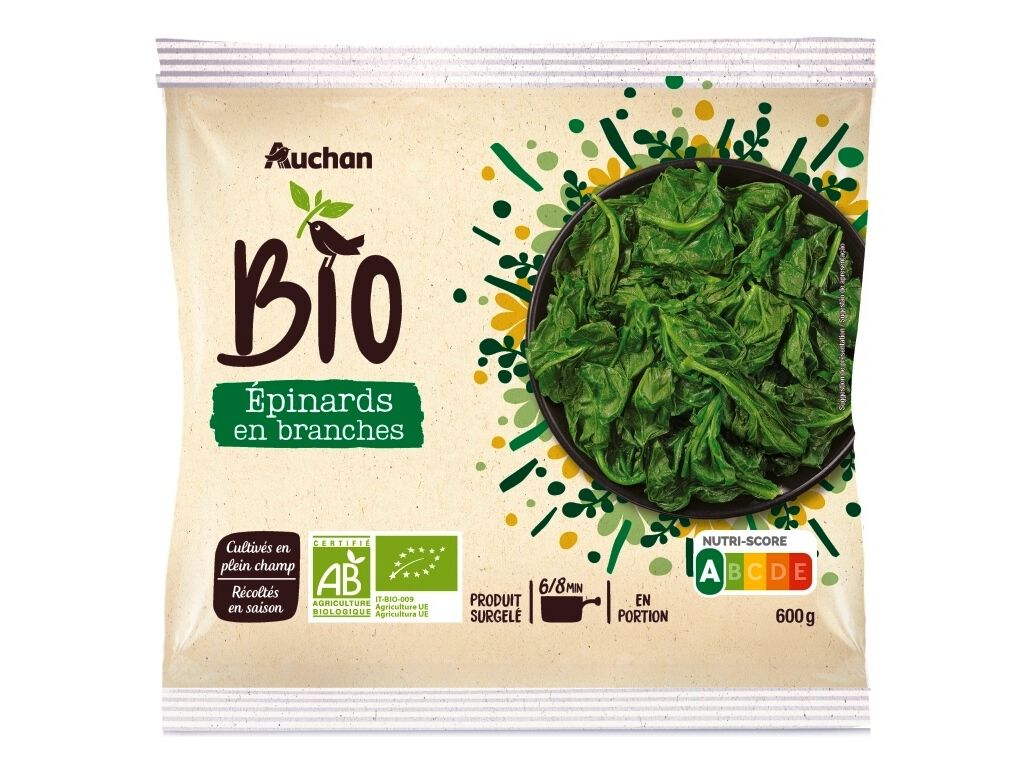 FOLHAS ESPINAFRES AUCHAN BIO POR&Ccedil;&Otilde;ES 600G