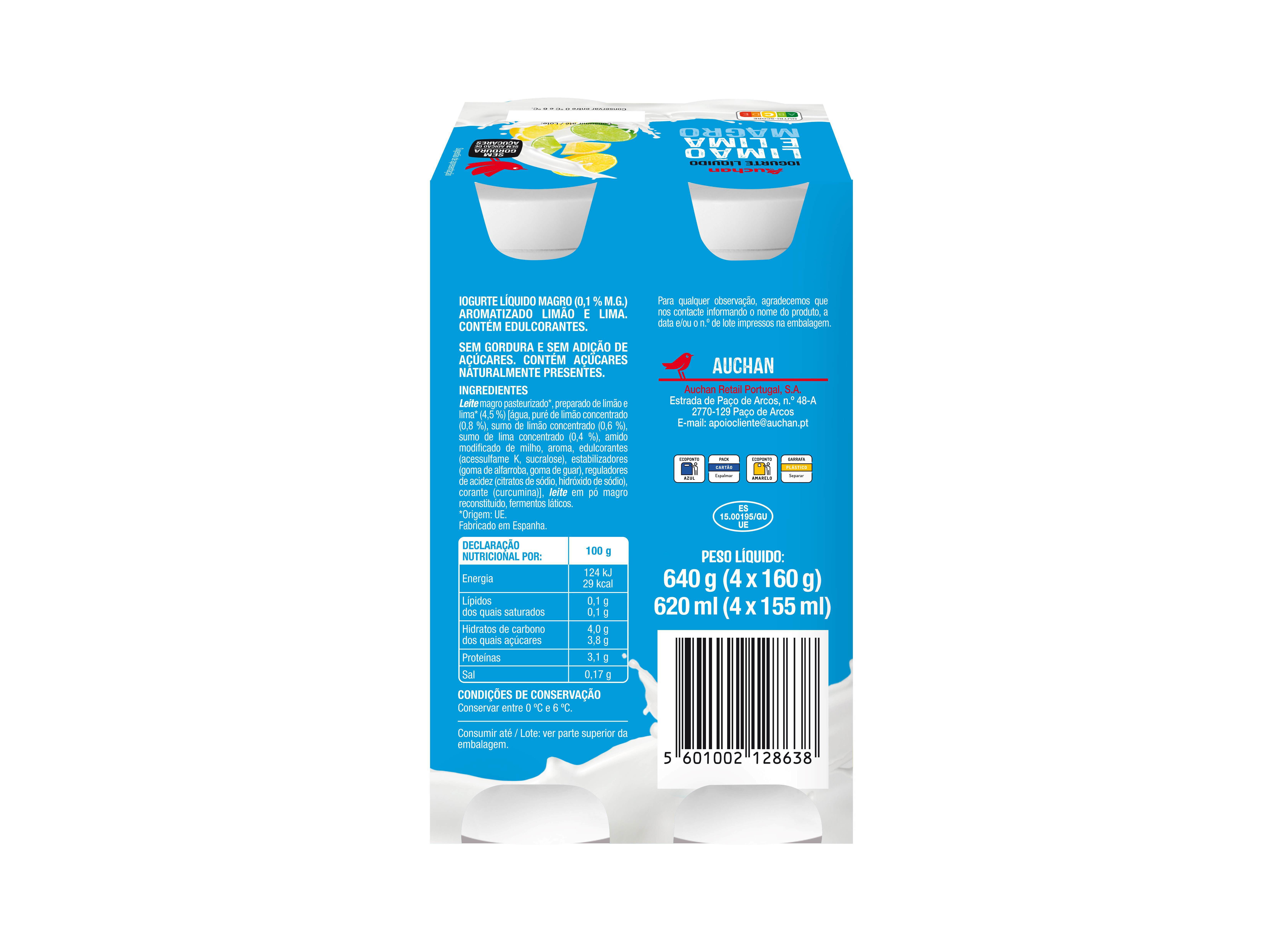 IOGURTE L&Iacute;QUIDO MAGRO AUCHAN LIMA LIM&Atilde;O 4X160G image number 1