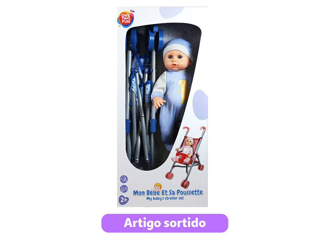 BONECO BEB&Eacute; COM CADEIRA TROLEY ONE TWO FUN 35CM MODELOS SORTIDOS image number 0
